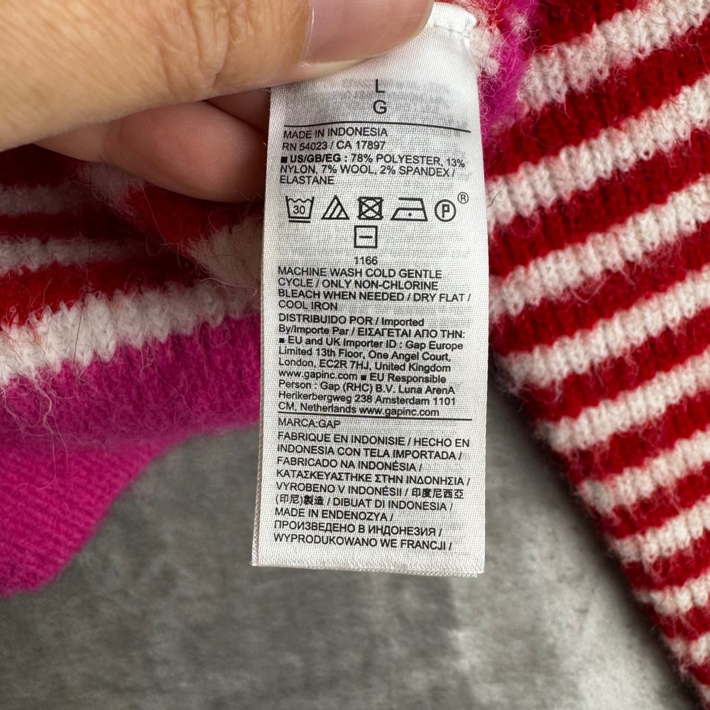 Gap Striped Sweater Womens Large Red White Pink Fuzzy Knit Crewneck (1702) - Picture 4 of 9